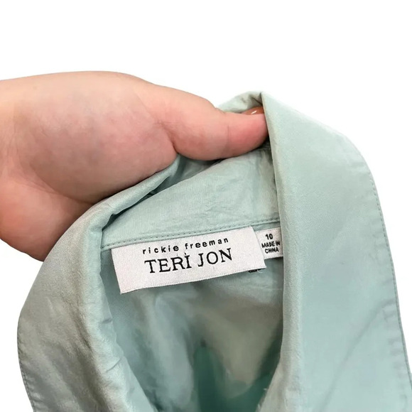 Rickie Freeman for Teri Jon Teal Blue Green Drop Waist Shirtdress Silk Size‎ 10 - Picture 12 of 13